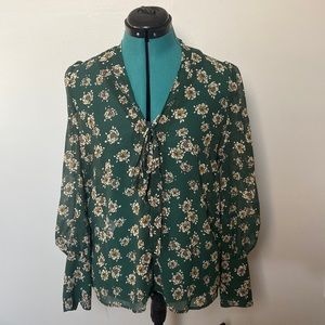 Mango long-sleeve floral blouse with front bow and button details